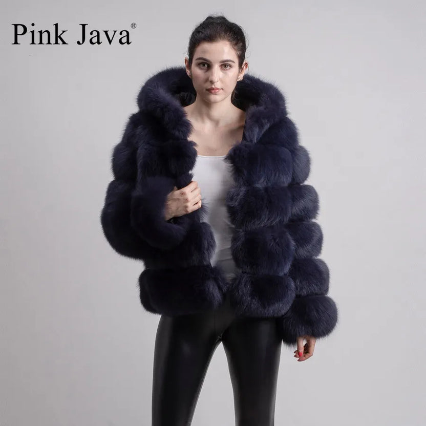 Nowość Pink Java QC8143 Damski płaszcz zimowy z futra lisa Kurtka z kapturem Odzież z naturalnego futra Hit sprzedaży Wysoka jakość