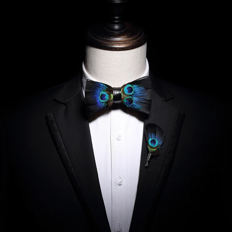 JEMYGINS Original Design Bow Tie Peacock Feather Bow Tie Handmade Bow Tie Brooch Gift Box Set Wedding Party Business