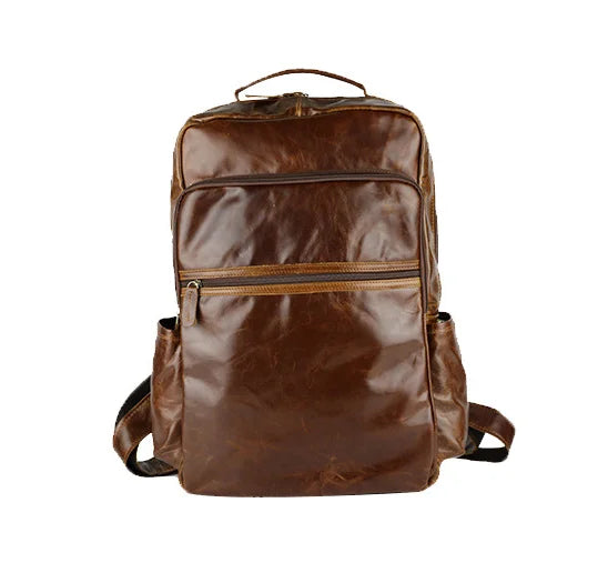 Genuine Leather Waterproof Men's Laptop Backpack Brown Travel Bag