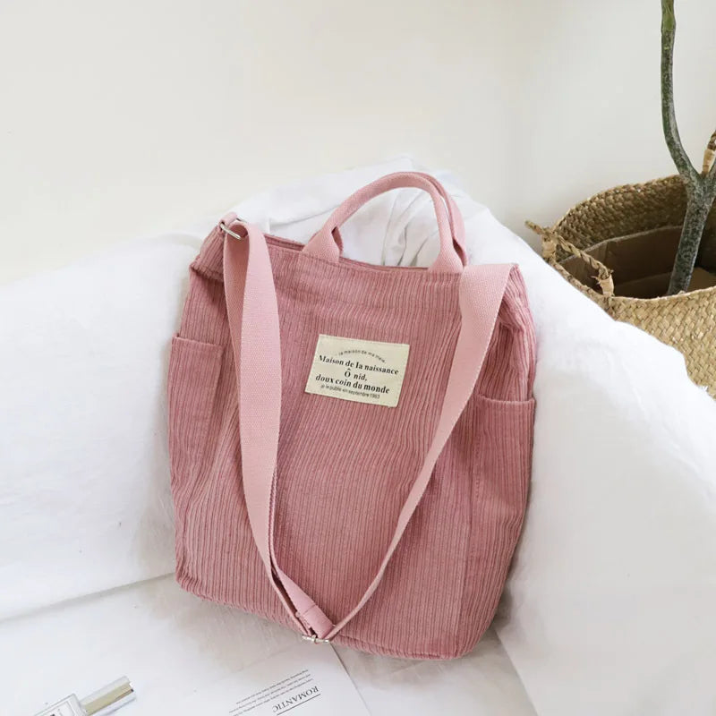 Women Corduroy Shoulder Bag Large Capacity Cloth Handbag Tote Female Crossbody Messenger Bags Ladies Simple Canvas Zipper Purses
