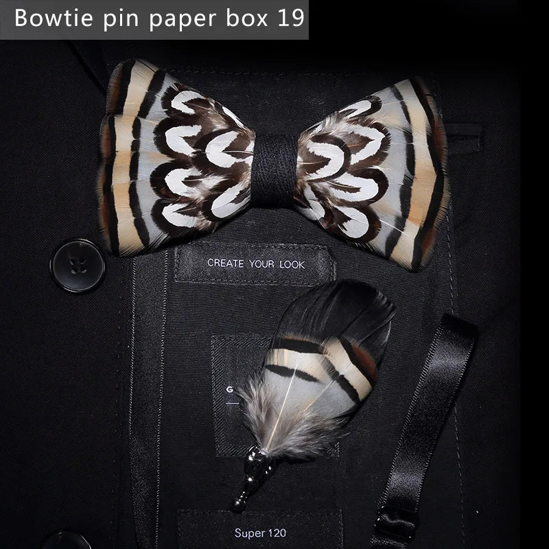 Nuevo set de regalo de pajarita de plumas hecha a mano para hombre, con broche, accesorios de fiesta y boda, regalo para el Día del Padre