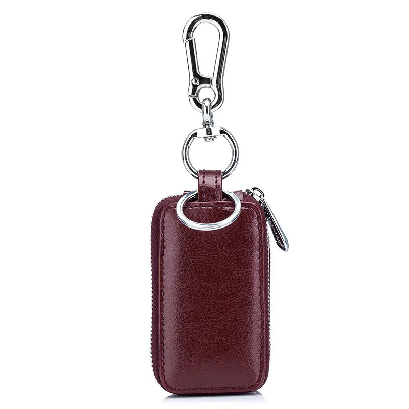 Estuche para llaves de coche y casa de auténtica piel de vaca, cartera mini con cremallera de doble bolsillo, color amarillo tierra, tarjetero con bolsillo transparente para hombre y mujer