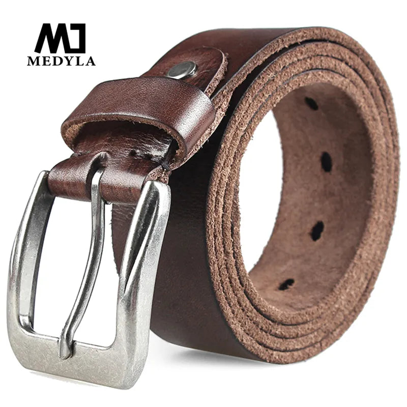 Cinturón de cuero de alta calidad para hombre MEDYLA, diseño vintage con hebilla de espiga, cinturón de piel auténtica de vaca original