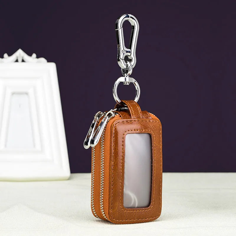 Estuche para llaves de coche y casa de auténtica piel de vaca, cartera mini con cremallera de doble bolsillo, color amarillo tierra, tarjetero con bolsillo transparente para hombre y mujer