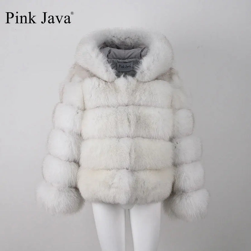 Nowość Pink Java QC8143 Damski płaszcz zimowy z futra lisa Kurtka z kapturem Odzież z naturalnego futra Hit sprzedaży Wysoka jakość