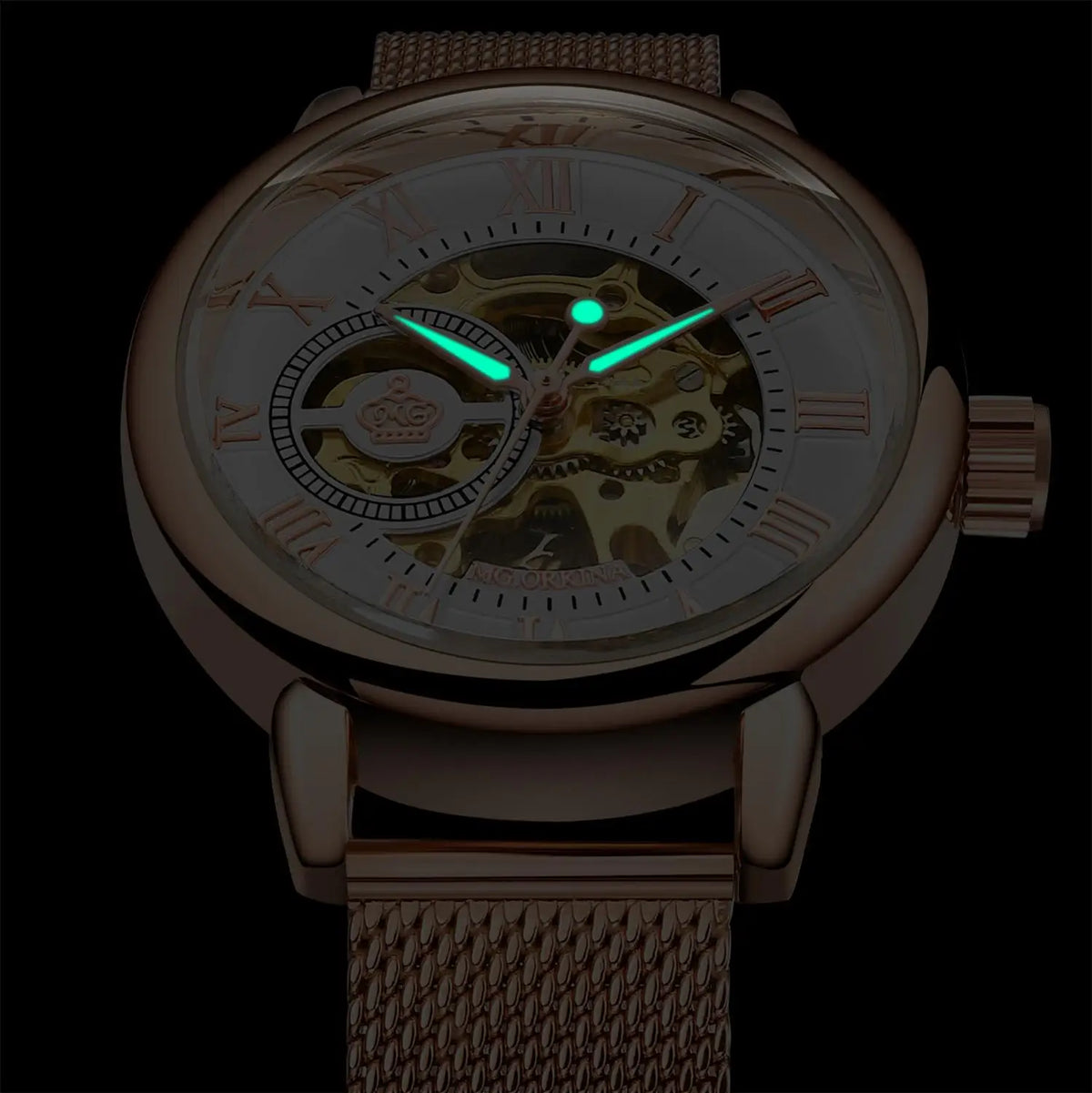 Damski zegarek automatyczny ORKINA typu skeleton, elegancki model w kolorze różowego złota na bransolecie typu mesh ze stali nierdzewnej / pasku skórzanym