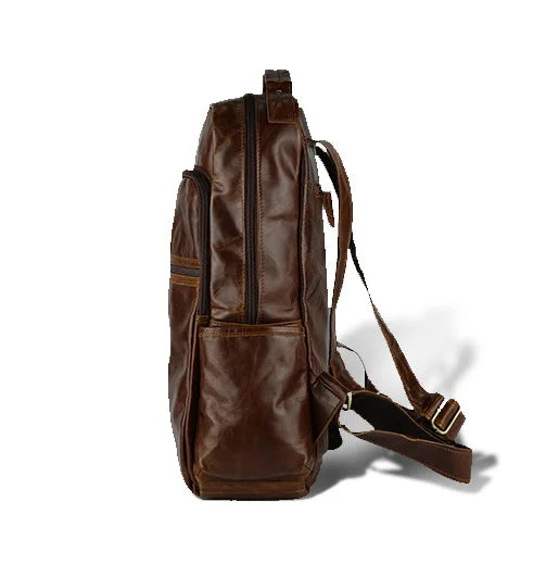 Genuine Leather Waterproof Men's Laptop Backpack Brown Travel Bag