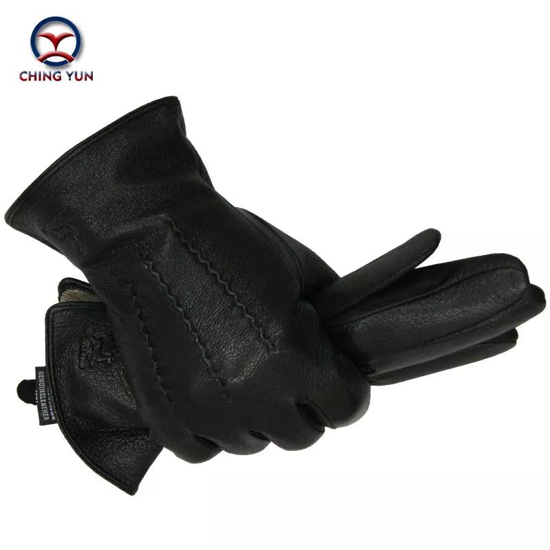 Winter Men Deer Skin Leather Gloves Male Warm Soft Black Sewing Design Men Mittens Imitate Rabbit Hair 70% Wool Lining-07