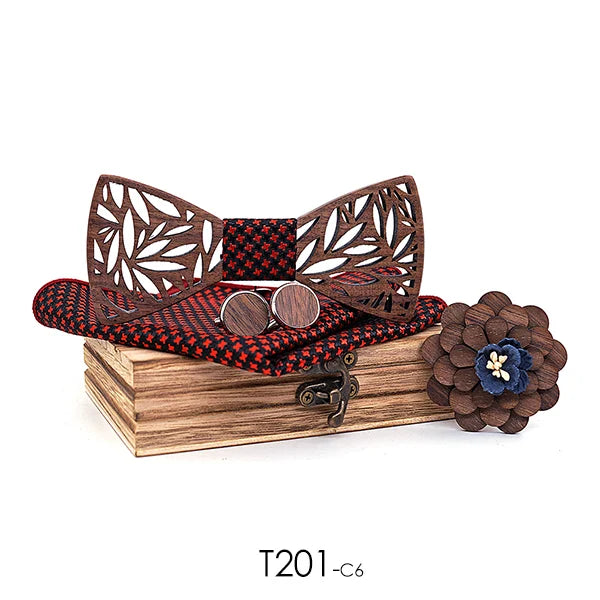 Wooden Bow Tie Handkerchief Set Men's Plaid Bowtie Wood Hollow Carved Cut Out Floral Design and Box Fashion Novelty Men Ties
