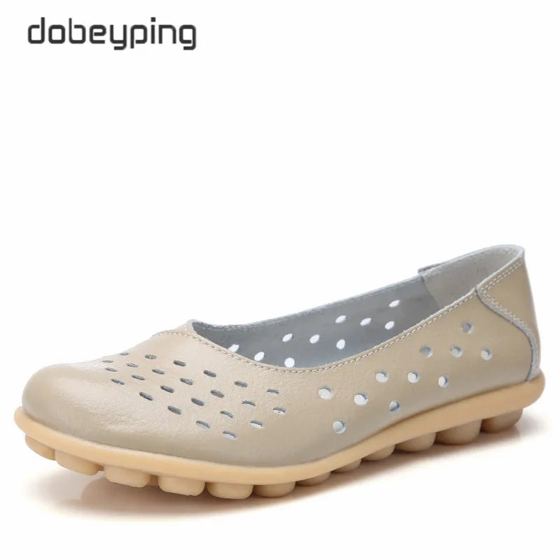 Dobeyping Genuine Leather Women Flats New Cut-Outs Summer Shoes Woman Hollow Women's Loafers Female Solid Shoe Large Size 35-44
