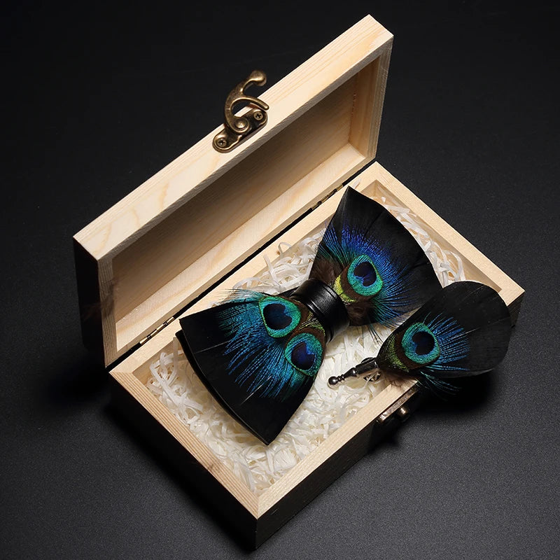 JEMYGINS Original Design Bow Tie Peacock Feather Bow Tie Handmade Bow Tie Brooch Gift Box Set Wedding Party Business