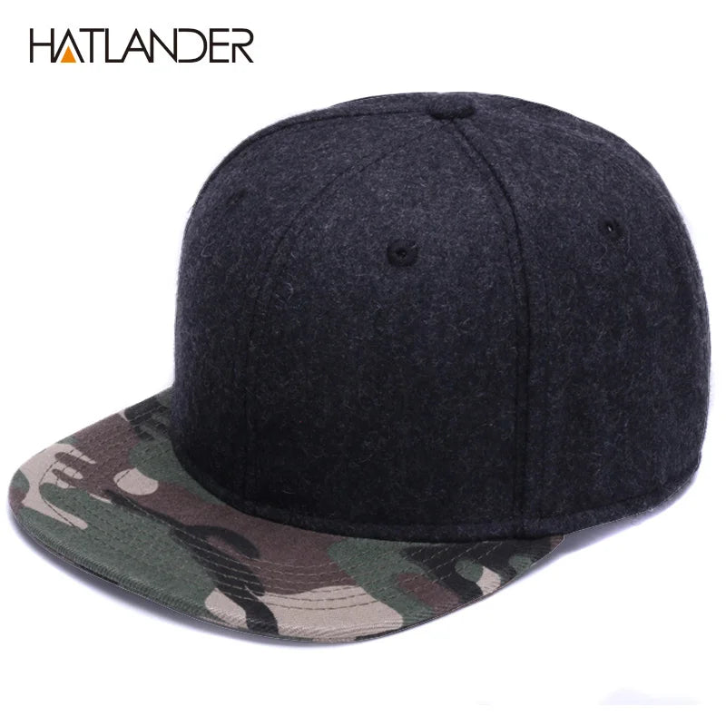 HATLANDER High Quality Wool Snapback Caps Plain Camouflage Baseball Cap and Hat Men Women Winter Hat Flat Brim Blank Hip Hop Cap
