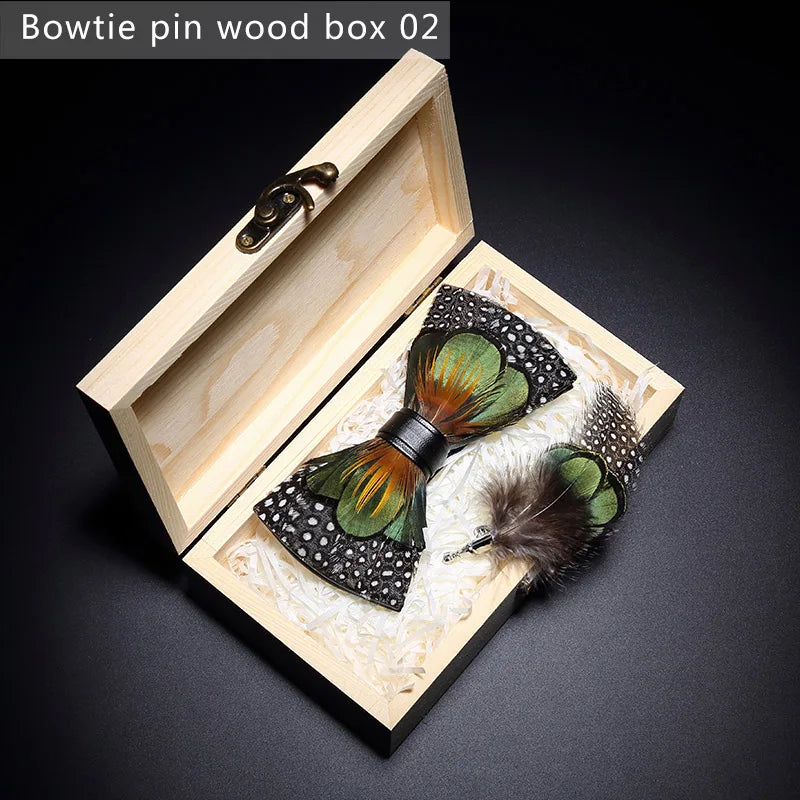 Nuevo set de regalo de pajarita de plumas hecha a mano para hombre, con broche, accesorios de fiesta y boda, regalo para el Día del Padre