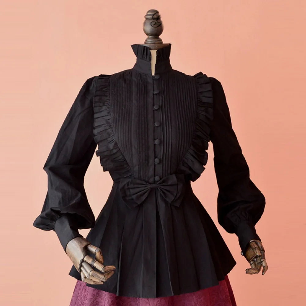 Spring Women White Tops Vintage Victorian Ruffled Pleated Shirts Lantern Sleeve Female Gothic High Collar Blouse Lolita Costumes
