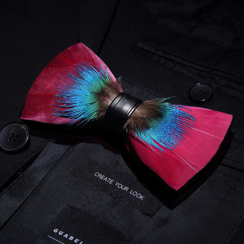KAMBERFT Designer Brand Handmade Feather and Leather Pre-Tied Bow Tie for Men Wedding Party Best Gift Cravate