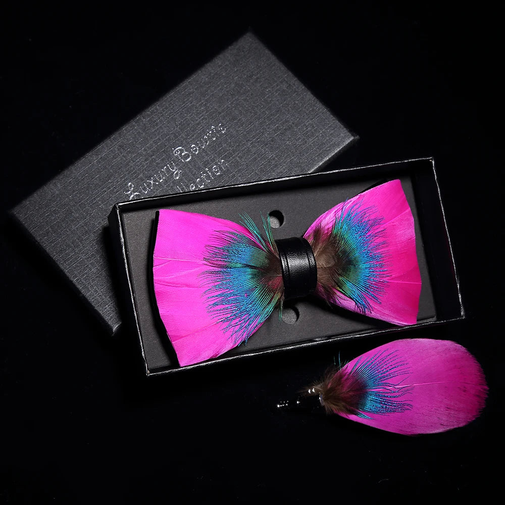 KAMBERFT Designer Brand Handmade Feather and Leather Pre-Tied Bow Tie for Men Wedding Party Best Gift Cravate