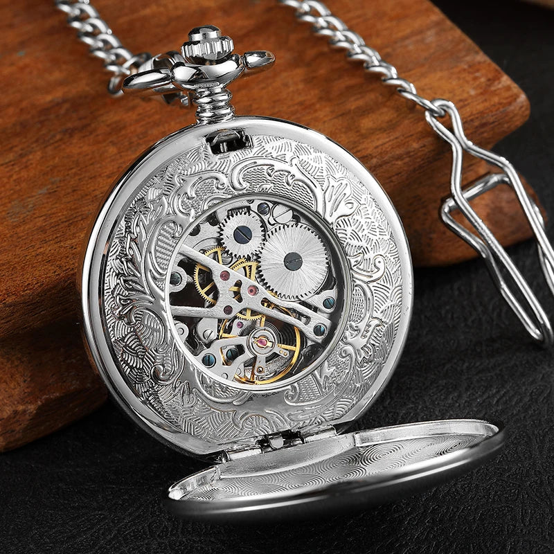 Reloj de bolsillo mecánico para hombre, estilo vintage, con caja de doble apertura, esfera con números romanos, cuerda manual y cadena con pasador, ideal para regalo.