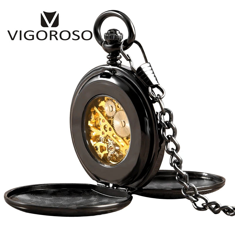 Czarny zabytkowy mechaniczny zegarek kieszonkowy typu double hunter, szkieletowy, w stylu steampunk, z łańcuszkiem, idealny na prezent rocznicowy