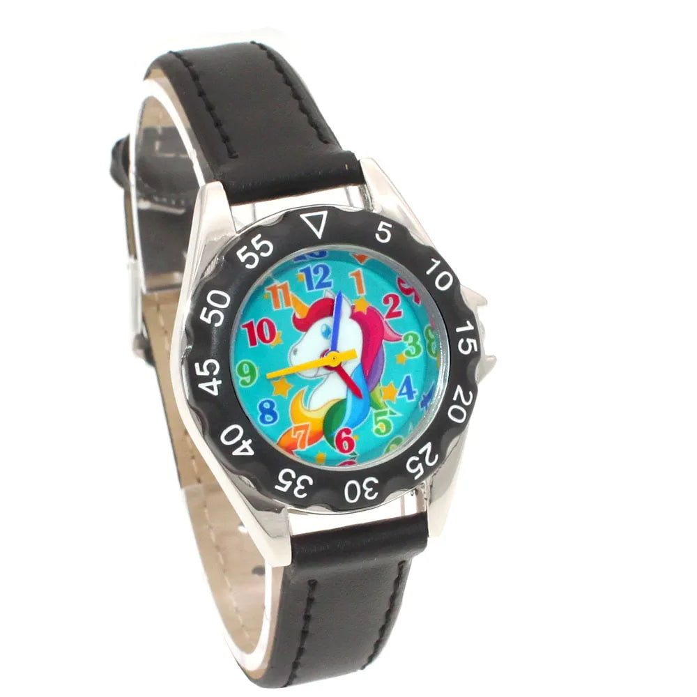 Reloj de pulsera de cuero con diseño de unicornio para niños y niñas, reloj informal de moda para aprender la hora
