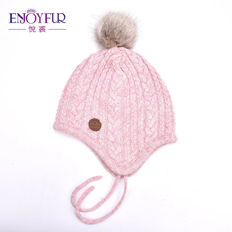 Gorro de punto de invierno ENJOYFUR para niños y niñas con pompón de piel de zorro natural, gorro cálido y grueso con orejeras para bebé