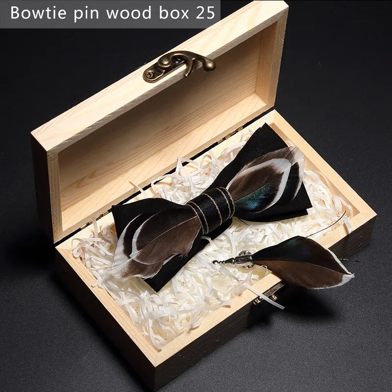 New Luxury Men Bow Tie Handmade Feather Bowtie Brooch Gift Box Set Party Wedding Man Accessories Father Day Gift