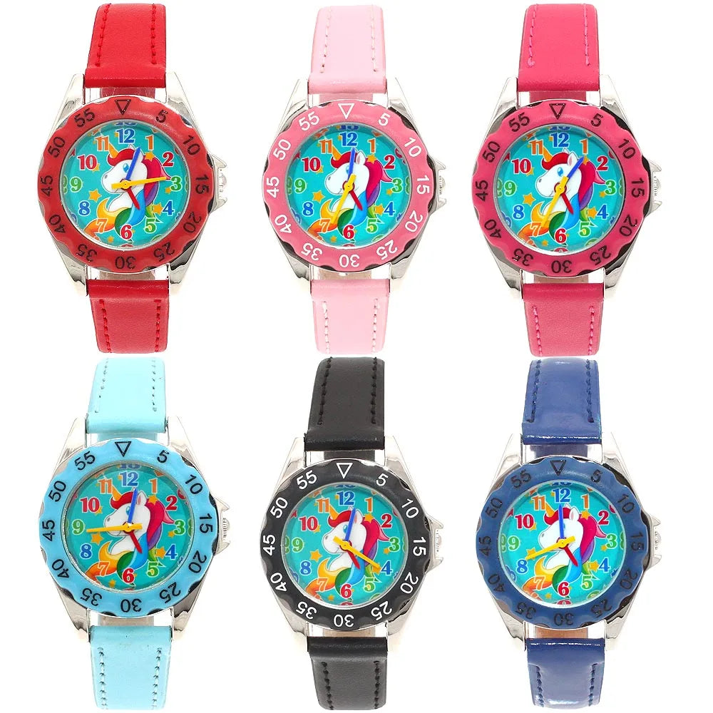 Reloj de pulsera de cuero con diseño de unicornio para niños y niñas, reloj informal de moda para aprender la hora