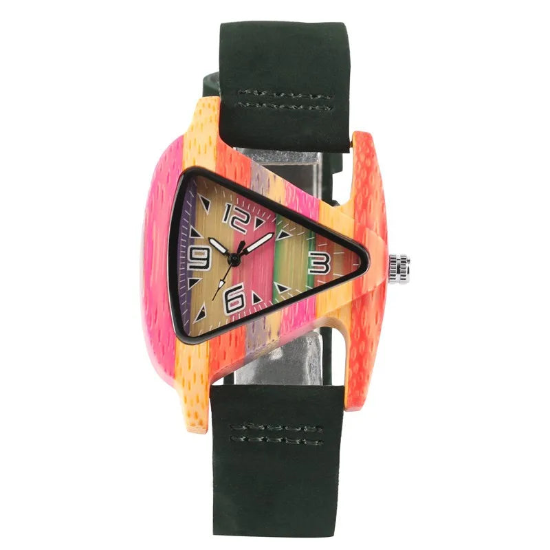 Reloj de pulsera para mujer, de madera colorida y única, con esfera triangular creativa, reloj de cuarzo con correa de cuero, Reloj Mujer