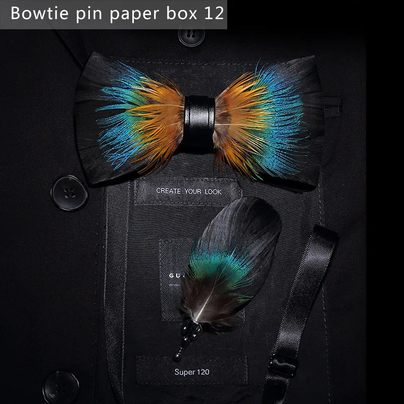 Nuevo set de regalo de pajarita de plumas hecha a mano para hombre, con broche, accesorios de fiesta y boda, regalo para el Día del Padre