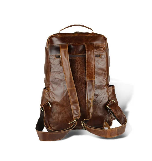 Genuine Leather Waterproof Men's Laptop Backpack Brown Travel Bag