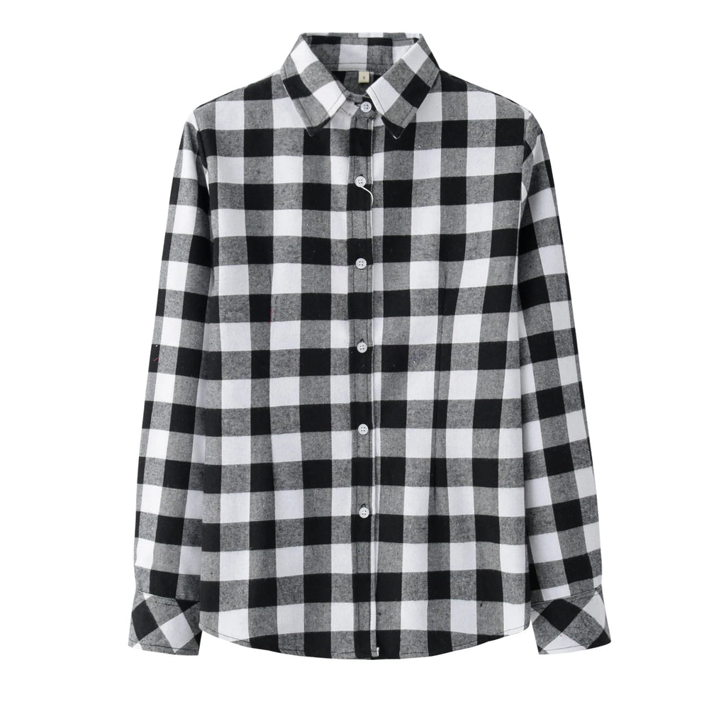 2024 Spring New Fashion Casual Lapel Plus Size Blouses Women Plaid Shirt Checks Flannel Shirts Female Long Sleeve Tops Blouse