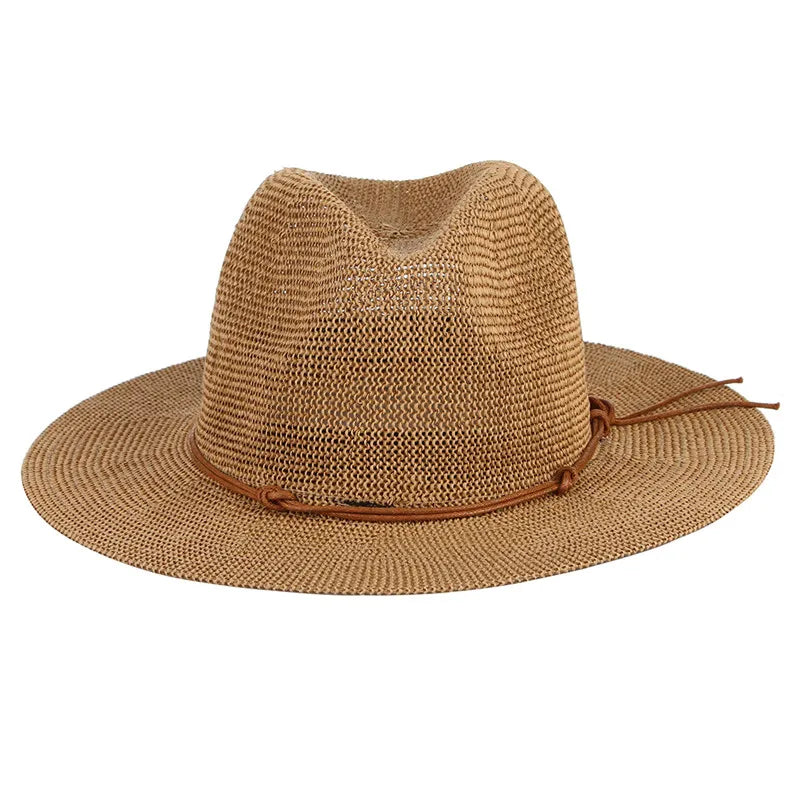 GEMVIE New Summer Hat Panama Hats Hollow Out Straw Hat for Men Women Leather Ribbon Large Brim Sun Beach Hat Jazz Cap Fedora