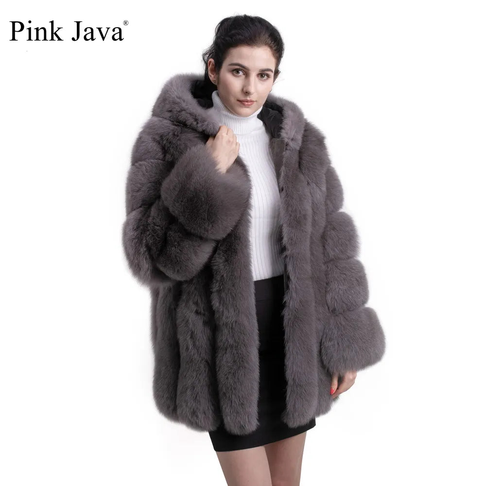 Pink Java QC8149 2018 New Model Women Real Fox Fur Coat Long Sleeves Hood Coat Genuine Fox Outfit High Quality