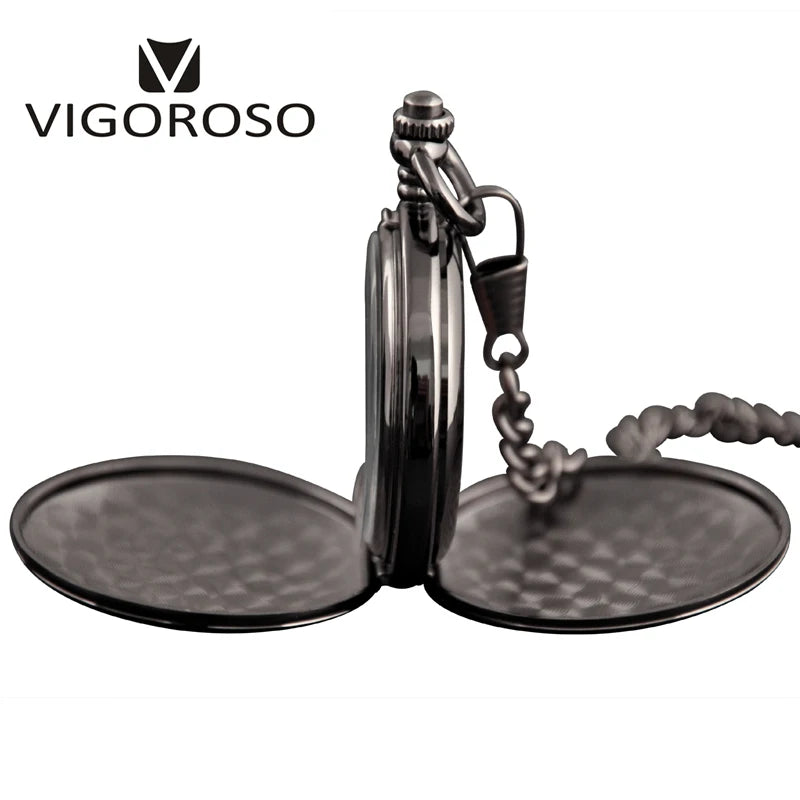Black Alloy Vintage Anti Pocket Watch Steampunk Double Hunter Mechanical Skeleton Pocket Watch Chain Anniversary Gift