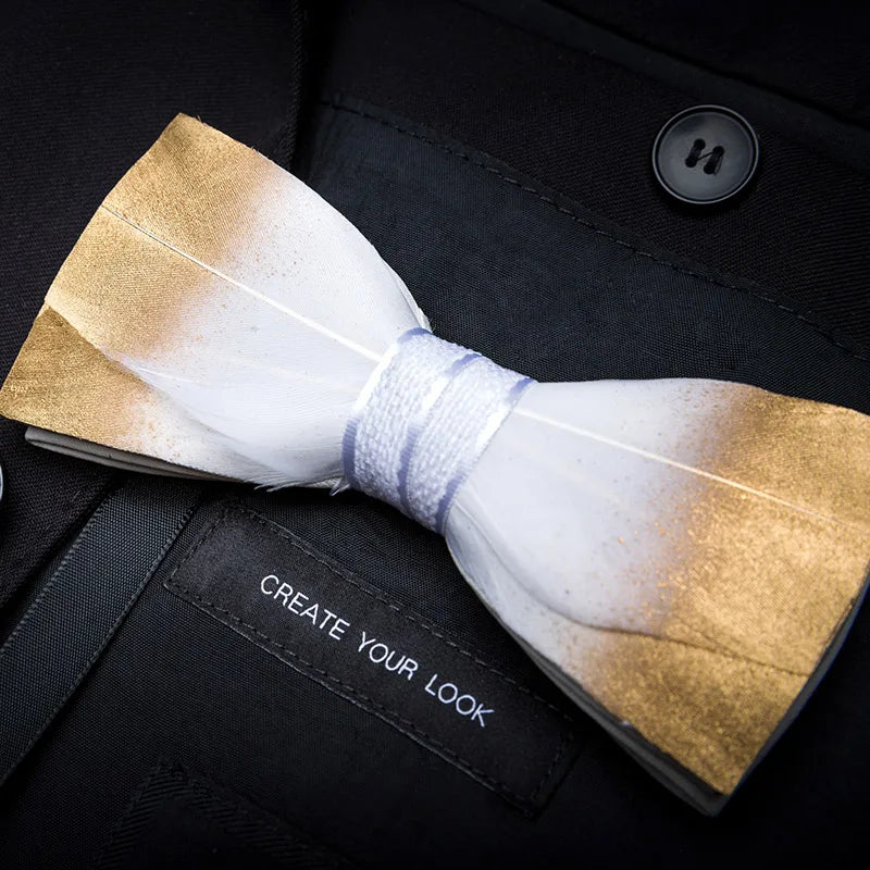 KAMBERFT Designer Brand Handmade Feather and Leather Pre-Tied Bow Tie for Men Wedding Party Best Gift Cravate