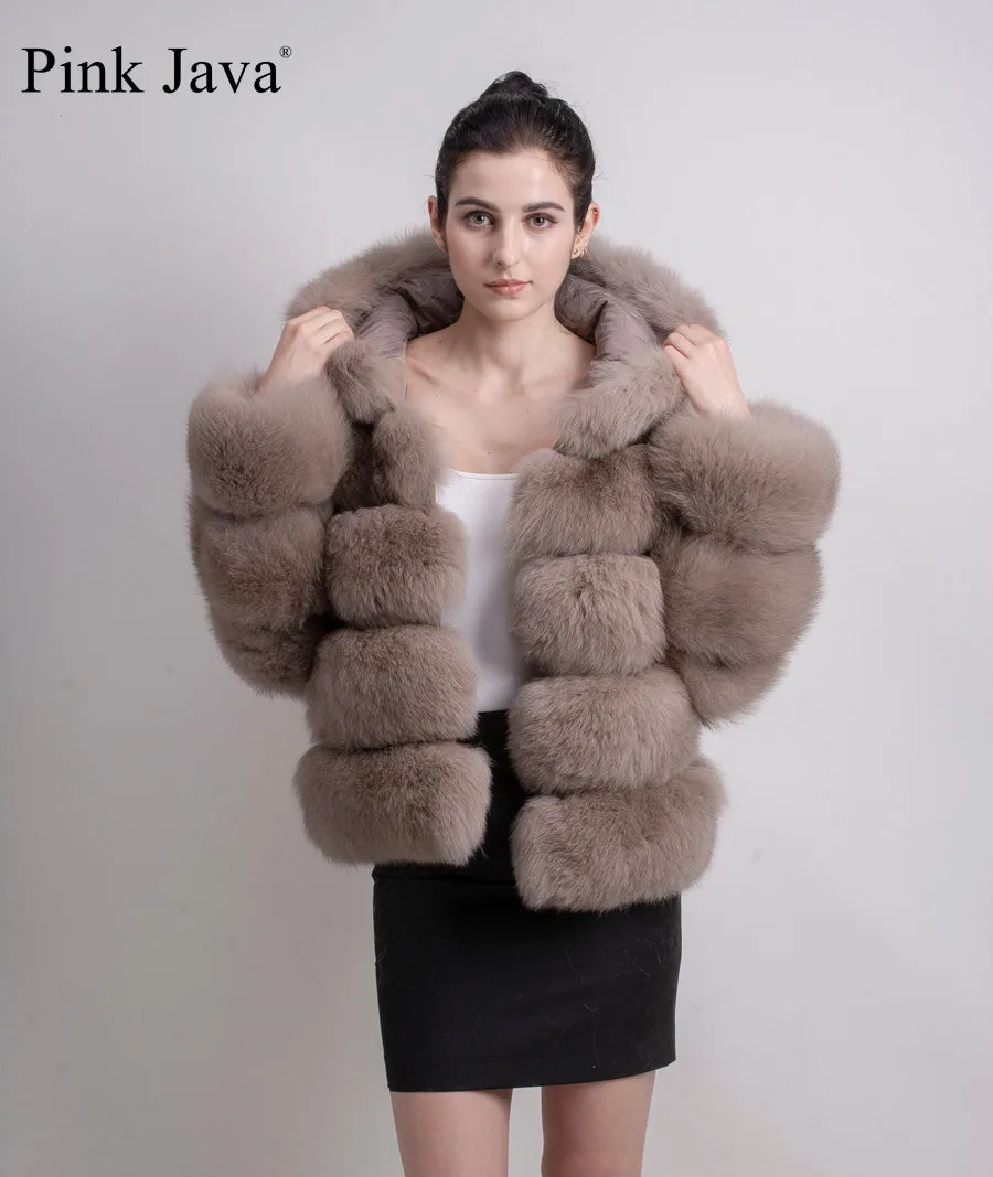 Pink Java QC8143 New Arrival Women Coat Winter Real Fox Fur Coats Hood Jacket Natural Fur Clothes Hot Sale High Quality