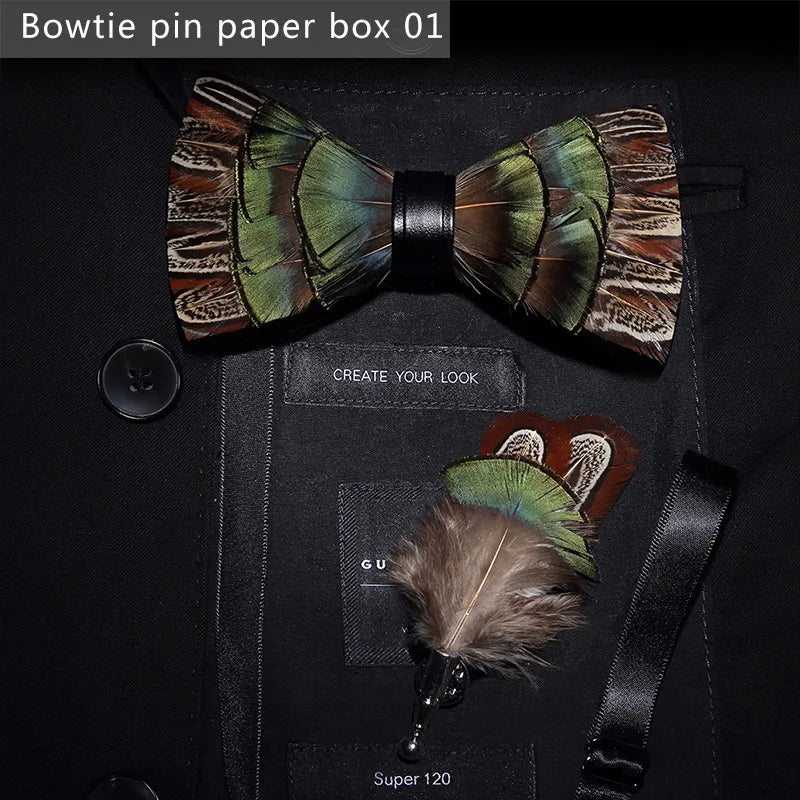 Nuevo set de regalo de pajarita de plumas hecha a mano para hombre, con broche, accesorios de fiesta y boda, regalo para el Día del Padre