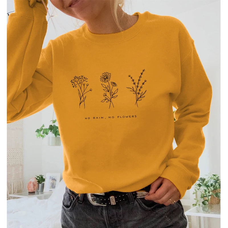 No Rain No Flowers Sweatshirts Vintage 80s Style Floral Print Hoodies Autumn Women Inspired Graphic Jumper Pullover Streetwear