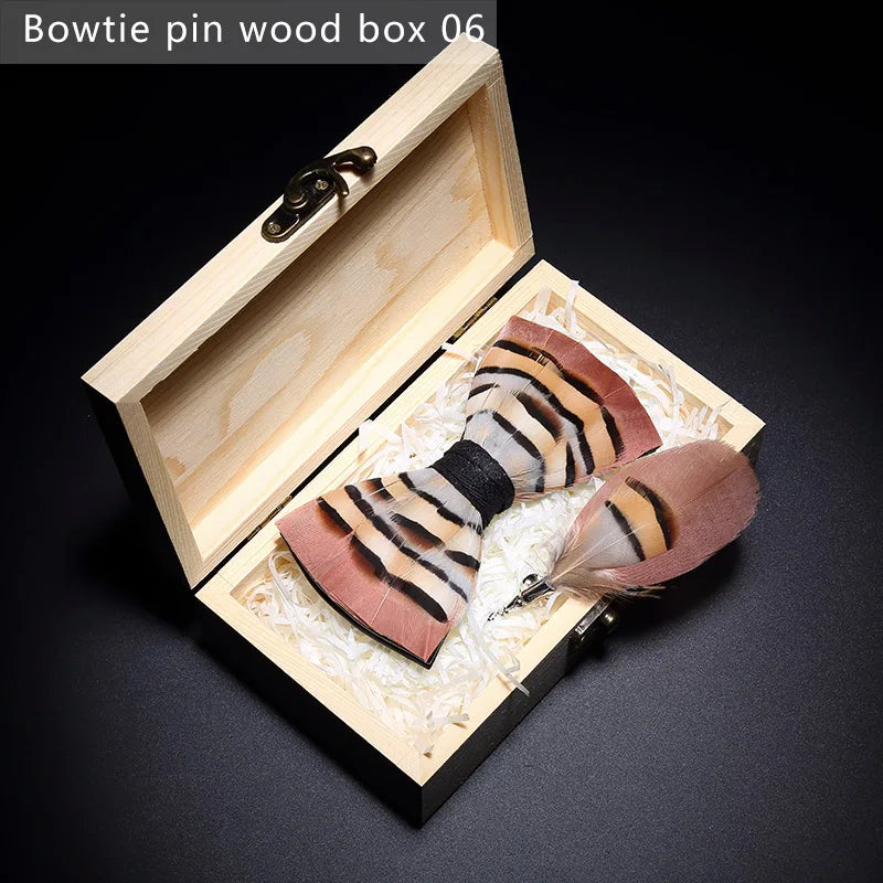 New Luxury Men Bow Tie Handmade Feather Bowtie Brooch Gift Box Set Party Wedding Man Accessories Father Day Gift