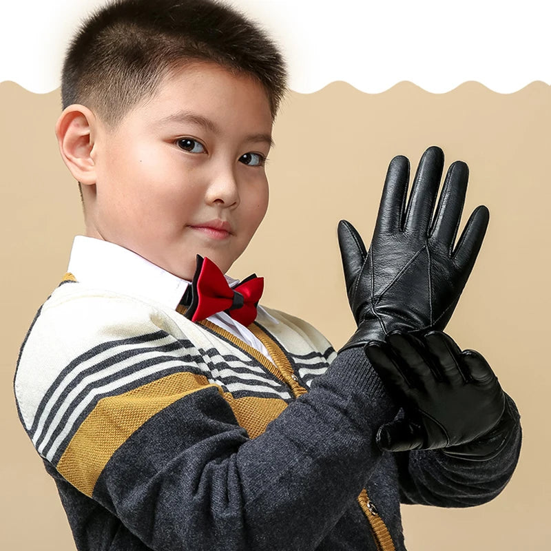 Guantes de piel auténtica para niños BOOUNI, cinco dedos, cálidos para otoño e invierno, forrados de terciopelo, guantes de piel de oveja para niños NM964