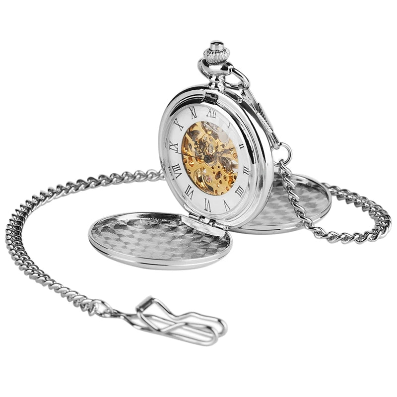 Reloj de bolsillo mecánico de diseño sencillo con doble tapa para mujer y hombre, estilo steampunk con cadena, reloj de regalo de lujo de marca superior
