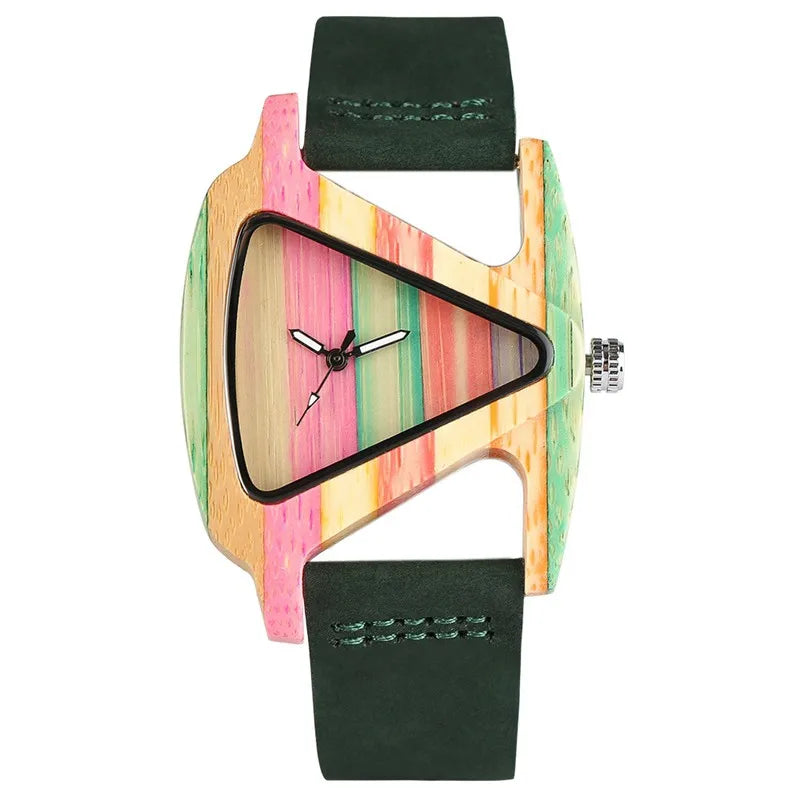 Reloj de pulsera para mujer, de madera colorida y única, con esfera triangular creativa, reloj de cuarzo con correa de cuero, Reloj Mujer