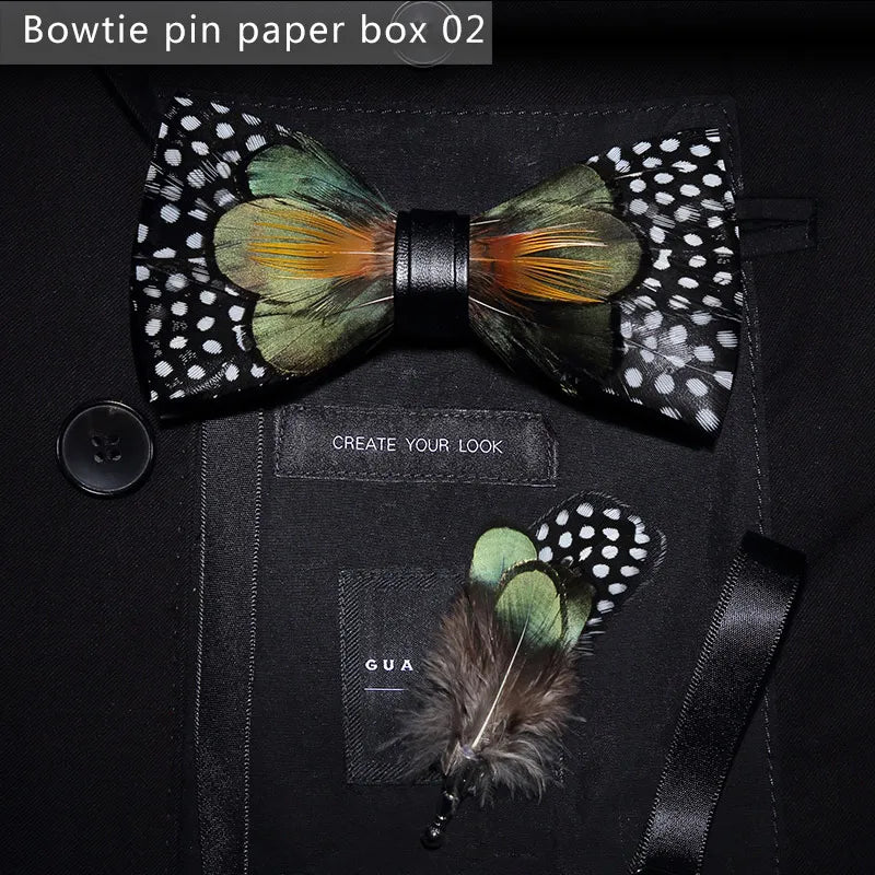 New Luxury Men Bow Tie Handmade Feather Bowtie Brooch Gift Box Set Party Wedding Man Accessories Father Day Gift