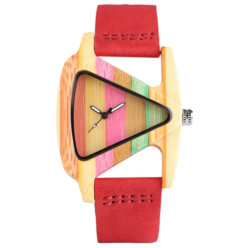 Reloj de pulsera para mujer, de madera colorida y única, con esfera triangular creativa, reloj de cuarzo con correa de cuero, Reloj Mujer