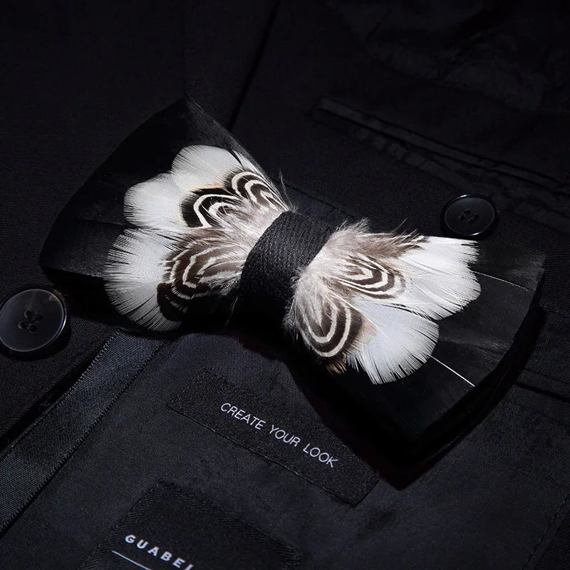 KAMBERFT Designer Brand Handmade Feather and Leather Pre-Tied Bow Tie for Men Wedding Party Best Gift Cravate