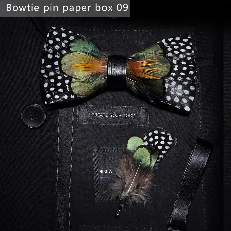 New Luxury Men Bow Tie Handmade Feather Bowtie Brooch Gift Box Set Party Wedding Man Accessories Father Day Gift