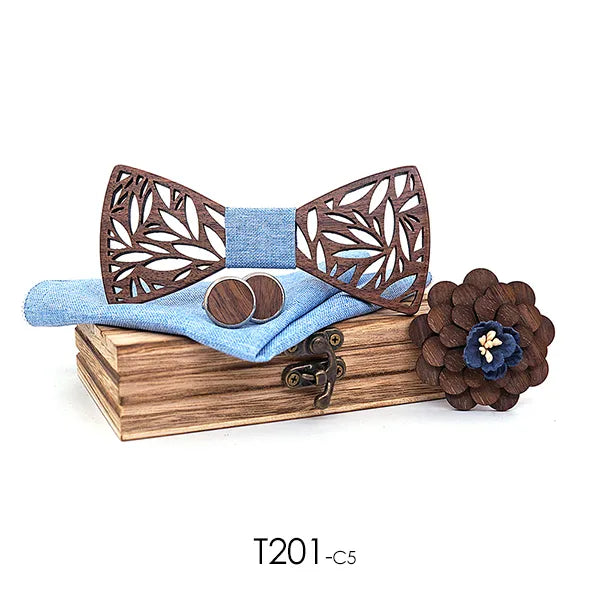 Wooden Bow Tie Handkerchief Set Men's Plaid Bowtie Wood Hollow Carved Cut Out Floral Design and Box Fashion Novelty Men Ties