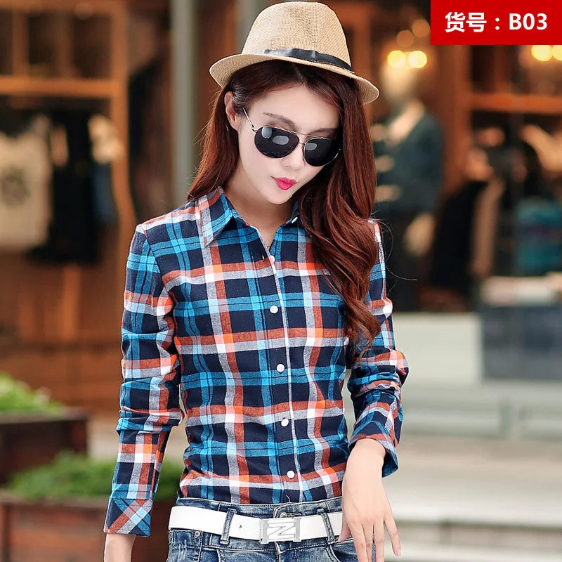 2024 Spring New Fashion Casual Lapel Plus Size Blouses Women Plaid Shirt Checks Flannel Shirts Female Long Sleeve Tops Blouse