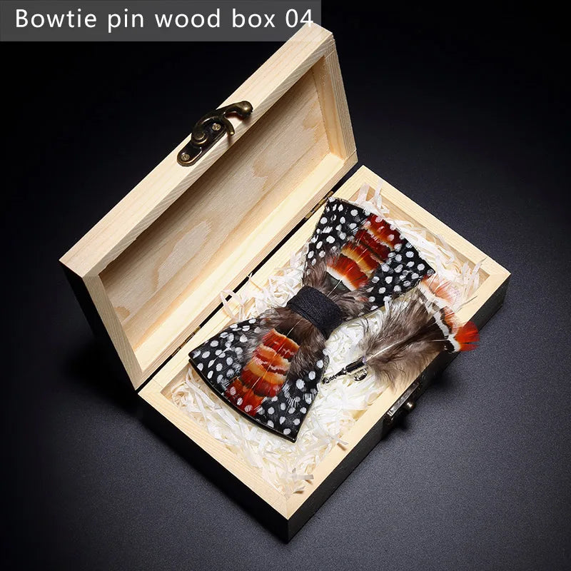 New Luxury Men Bow Tie Handmade Feather Bowtie Brooch Gift Box Set Party Wedding Man Accessories Father Day Gift