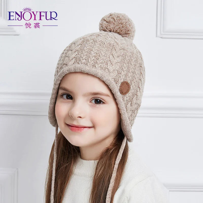 ENJOYFUR Kids Winter Knit Hats for Girl Boy Natural Fox Fur Pompom Children Bonnets Warm Thick Cute Baby Outdoor Earflap Beanies
