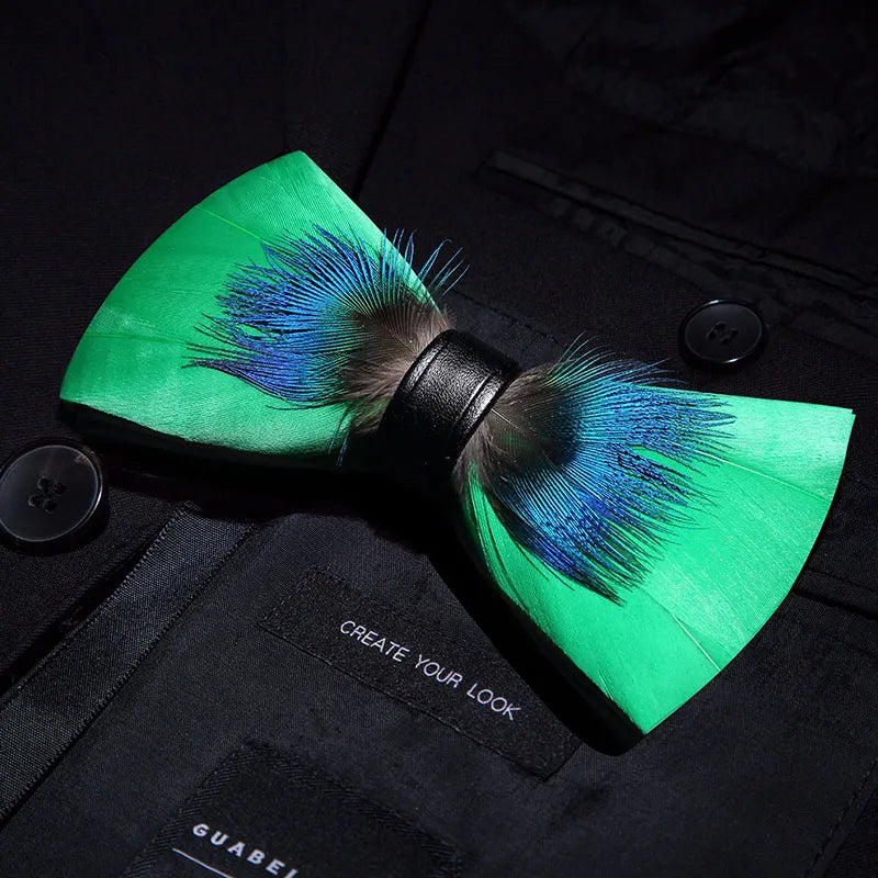 KAMBERFT Designer Brand Handmade Feather and Leather Pre-Tied Bow Tie for Men Wedding Party Best Gift Cravate